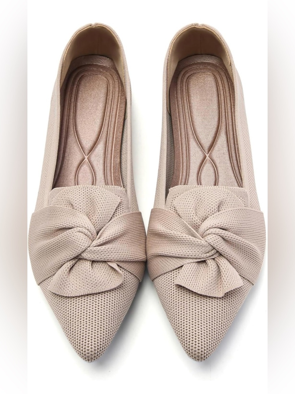 Hiulycence Knit Fabric Pointed Knot-Front Flats in Blush Taupe
